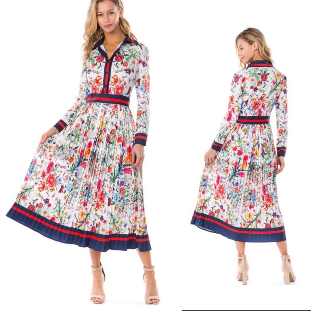 NWT! Dalia Macphee Multicolor Floral Pleated Collared Dress Size S